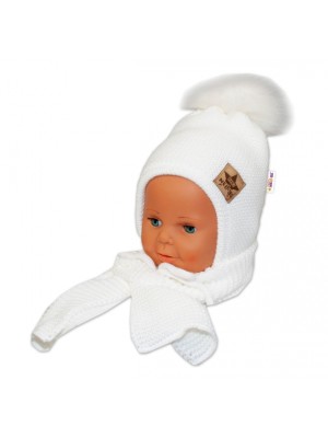 BABY NELLYS Zimná čiapočka s šálom - chlupáčková Bambulka - biela/biela