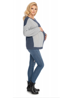 Be Maamaa Tehotenský sveter, pletený vzor - jeans /sivá