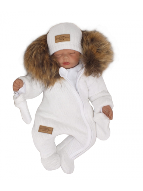 Z & Z Zimná kombinéza s kapucňou a kožušinou + rukavičky, biela, veľ. 68