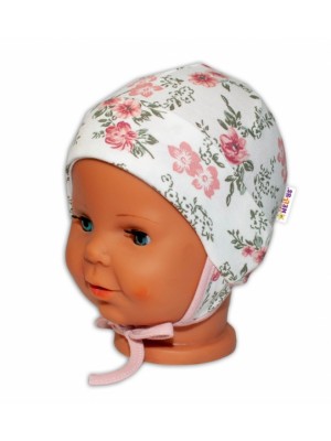 Baby Bavlnená čiapočka s uškami na zaväzovanie - Ruže, pudrová/ecru, veľ. 62/68