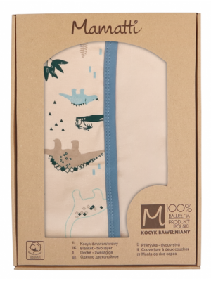 Mamatti Detská oboust. bavl. deka, 80 x 90 cm, v dar. krabičke Dinosaurus - krémová, modrá