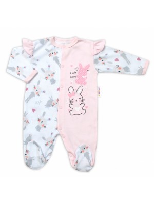 Baby Nellys Bavlnený dojčenský overal s volánkmi Cute Bunny - ružový, veľ. 86
