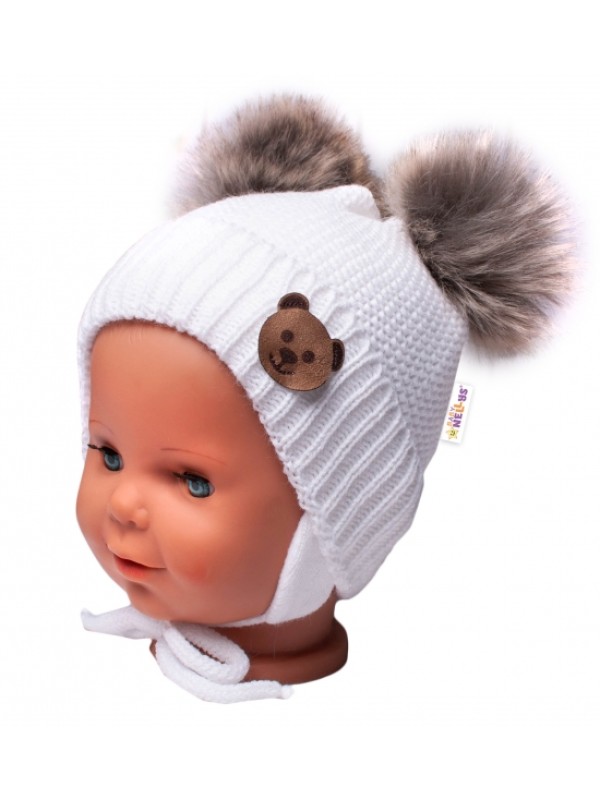 BABY NELLYS Zimná čiapka s fleecom Teddy Bear - chlupáčk. bambuľky - biela, šedá