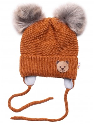 BABY NELLYS Zimná čiapka s fleecom Teddy Bear - chlupáčk. bambuľky - hnedá, šedá