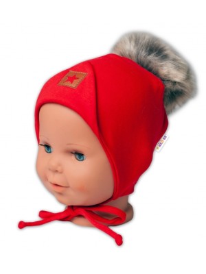 Baby Nellys Bavlnená dvojvrstvová čiapka s brmbolcom na zaväz. Star - červená, vel. 80/86
