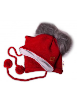 BABY NELLYS Zimná čiapka s fleecom a chlupáčka. bambuľky Star + komínok - červená, 104/116
