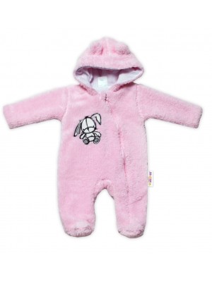 Baby Nellys Chlpáčkový overálek s kapucňou, Cute Bunny - svetlo ružový, veľ. 74