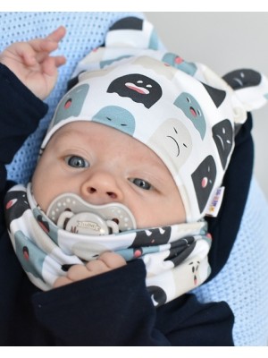 Baby Nellys Dvojvrstvová čiapka s uškami + komínček Príšerky, biela/mátová