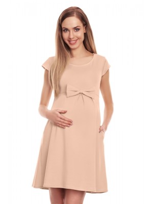 Be MaaMaa Elegantné voľné tehotenské šaty s mašľou, kl. rukáv - béžové