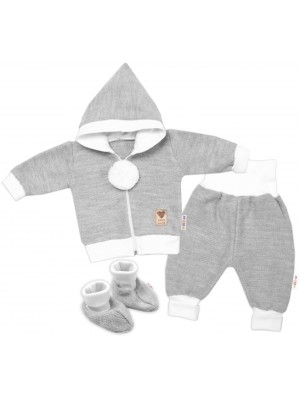 Baby Nellys 3-dielna súprava Hand made, pletený kabátik, kalhoty a topánočky, sivá, veľ.62