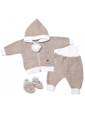 Baby Nellys 3-dielna súprava Hand made, pletený kabátik, kalhoty a topánočky, béžová