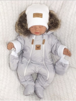 Z&Z Zimná kombinéza s dvojitým zipsom, kapucňou a kožušinou + rukavičky, Angel - sivý
