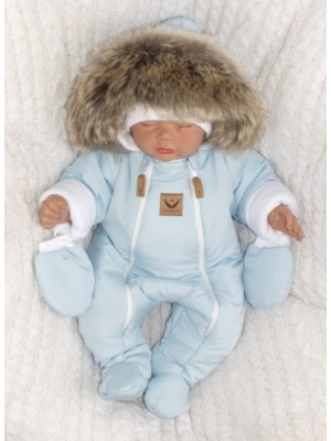 Z&Z Zimná kombinéza s dvojitým zipsom, kapucňou a kožušinou + rukavičky, Angel - modrý, 68