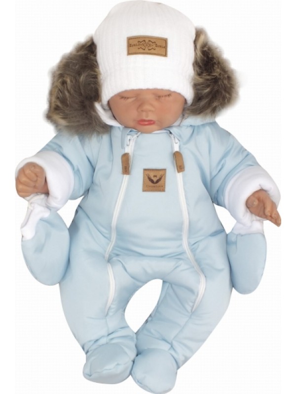Z&Z Zimná kombinéza s dvojitým zipsom, kapucňou a kožušinou + rukavičky, Angel - modrý, 86