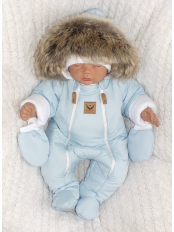 Z&Z Zimná kombinéza s dvojitým zipsom, kapucňou a kožušinou + rukavičky, Angel - modrý, 86