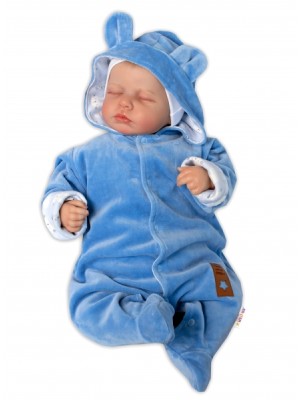 Baby Nellys Dvojvrstvový velúrový overal s kapucňou New Bunny, modrý