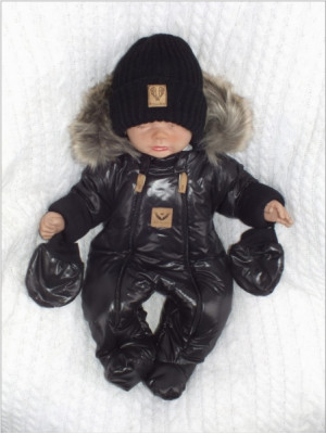 Zimná kombinéza s dvojitým zipsom, kapucňou a kožušinou+rukavičky, Z&Z Angel,čierny,veľ.62