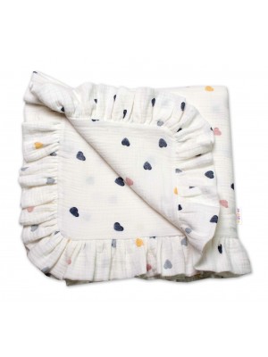 Luxusná dvojvrstvová mušelín deka s volánikmi, Srdiečko, Baby Nellys 120 x 120 cm, smotana