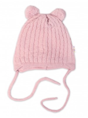 Zimná čiapka na zaväzovanie s brmbolcami + šál, Baby Nellys - púdrovo ružová, vel. 62/68