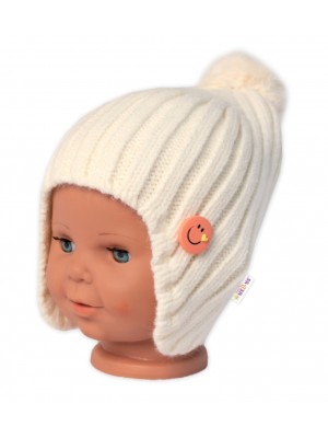Detská zimná čiapka s brmbolcom Smile, Baby Nellys - smotanová, veľ. 48-54 cm