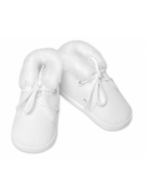 Dojčenské capáčky/topánočky na šnurovanie s kožúškom, Baby Nellys, biele,veľ.62/68, 11,5cm