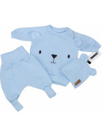 Pletená dojčenská sada 3D Medvedík, svetrík, tepláčiky + čiapočka Kazum, modrá, veľ. 62