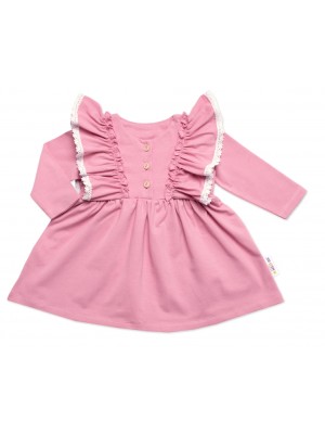 Dojčenské šaty dlhý rukáv s volánikmi Amálka, bavlna, Mrofi, púdrovo ružové