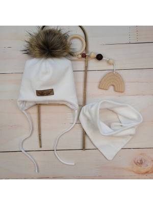 Zimná dvojvrstvová čiapka na zaväzovanie s brmbolcom z kožušinky+šatka Z&Z, biela, veľ.68