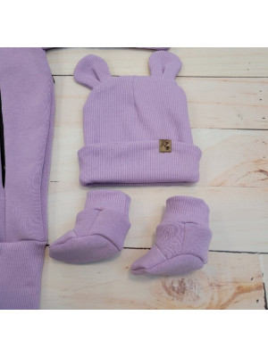 Oteplený detský overal bez šľapiek s kapucňou, čiapočka + topánočky, 3D, Kazum, lila