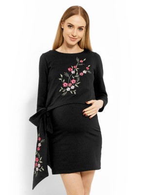Be MaaMaa Elegantné tehotenské šaty, tunika s výšivkou a stuhou, XXL - bordo (dojčiace)