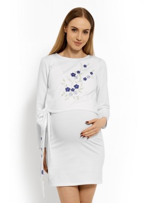 Be MaaMaa Elegantné tehotenské šaty, tunika s výšivkou a stuhou - biele (dojčiace)