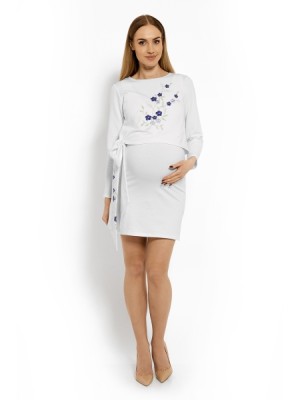 Be MaaMaa Elegantné tehotenské šaty, tunika s výšivkou a stuhou, XXL - biele (dojčiace)