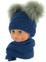 BABY NELLYS Zimná čiapočka s šálom - chlupáčkové bambuľky - tm. modrá