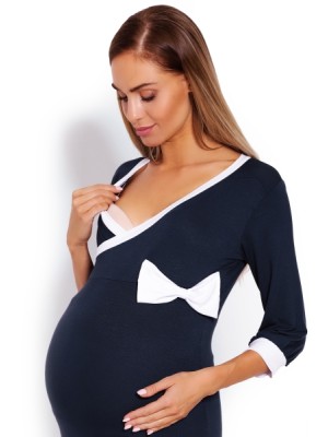 Be MaaMaa Pohodlná tehotenská, dojčiaca nočná košeľa s mašľou - tm. jeans, veľ. L/XL