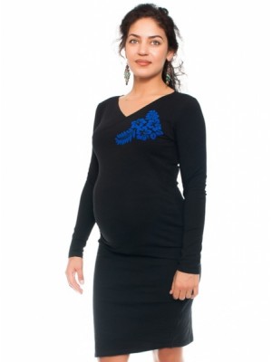 Be MaaMaa Bavlněné tehotenské a dojčiace šaty s potiskom Kvetin, čierne