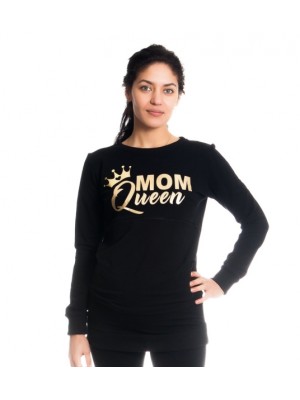 Be MaaMaa Tehotenské a dojčiace triko/mikina Mom Queen, dlhý rukáv, čierna, veľ. L